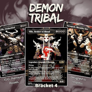 May include: Three black-bordered trading cards titled Demon Tribal featuring illustrations of Ob Nixilis, Unshackled, Vilis, Broker of Blood, and Varragoth, Bloodsky Sire. The cards display detailed demonic figures with white horns, red accents, and dark backgrounds.