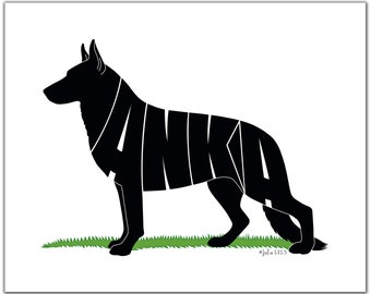 German Shepherd 7" x 5" (or larger) Custom Dog Gift, Personalized German Shepherd, German Shepherd Portrait, Dog Silhouette