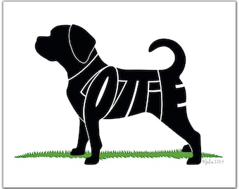 Puggle 7" x 5" (or larger) Custom Puggle Gift, Personalized Puggle Portrait, Puggle Dog Silhouette, Puggle Illustration