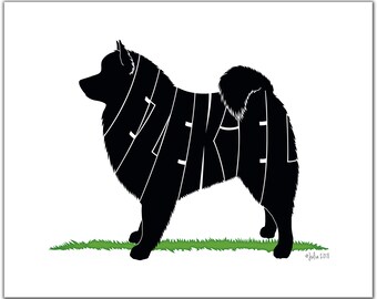 American Eskimo Dog 7" x 5" (or larger) Personalized Gift, Dog Name Art, Dog Portrait