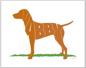 Vizsla 7" x 5" (or larger) Custom Gift, Personalized Vizsla Portrait, Name Art, Dog Silhouette