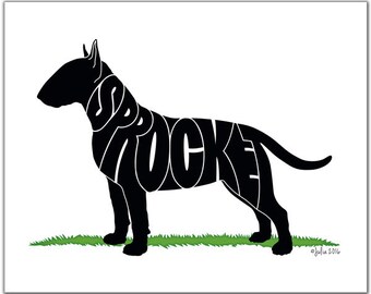 Bull Terrier 7" x 5" (or larger) Custom Dog Gift, Personalized Bull Terrier Portrait, Bull Terrier Illustration, Dog Silhouette