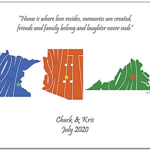 Three States Gift, Friendship States Map, 14&quot; x 11&quot; Wedding States Silhouette, Personalized States, Long Distance States Gift