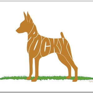 May include: A brown silhouette of a dog with the word "Rocky" spelled out within the silhouette. The dog is standing on a green grassy surface.