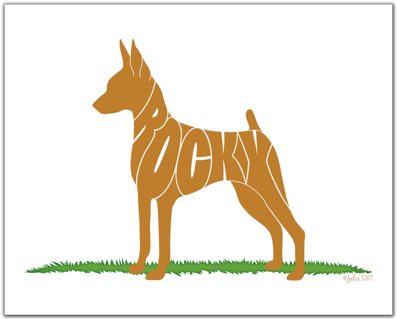May include: A brown silhouette of a dog with the word "Rocky" spelled out within the silhouette. The dog is standing on a green grassy surface.