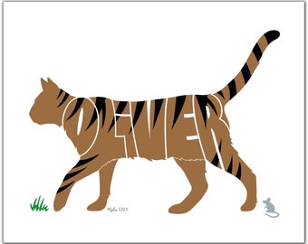 Tabby Cat Silhouette 7" x 5" (or larger) Personalized Tabby Cat, Tabby Cat Portrait, Tabby Cat Illustration, Tabby Cat Print