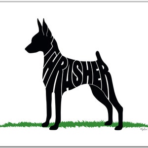 May include: Black silhouette of a dog with the word "Thrasher" spelled out in the dog's body. The dog is standing on a green patch of grass.