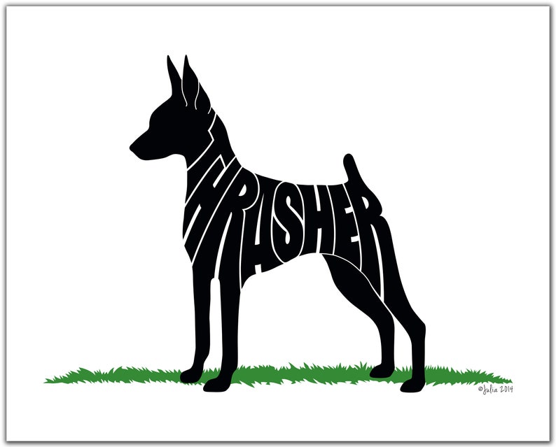 May include: Black silhouette of a dog with the word "Thrasher" spelled out in the dog's body. The dog is standing on a green patch of grass.