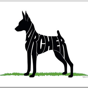 May include: Black silhouette of a dog with the name "Archer" spelled out within the shape of the dog.