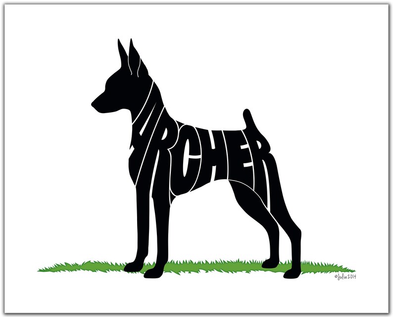 May include: Black silhouette of a dog with the name "Archer" spelled out within the shape of the dog.