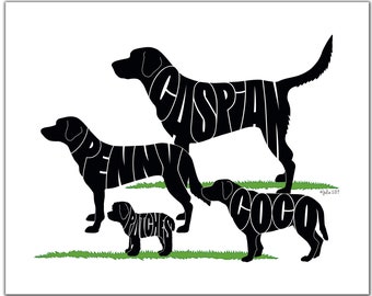 Personalized 14" x 11" Multiple Dogs Pet Illustration, Custom Gift, Dog Portrait