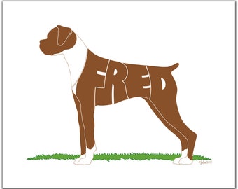 Uncropped Fawn Boxer with Distinct Markings 7" x 5" (or larger) Custom Dog Gift, Personalized Boxer Portrait, Name Art, Dog Silhouette