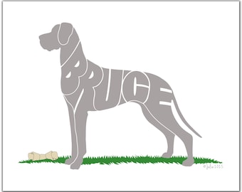 Great Dane 7" x 5" (or larger) Personalized w/favorite toy/object, Great Dane Illustration, Great Dane Portrait, Great Dane Dog Print