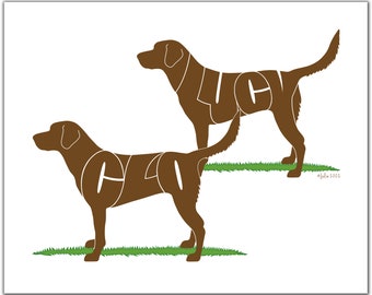 Personalized 2 Chocolate Labs Silhouette  10" x 8" (same Breed) Two Dog Gift, Dog Pair Portrait, Dog Pair Drawing, Dog Pair Illustration
