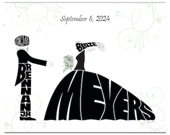 Wedding Bride and Groom Gift, 14" x 11" Custom Wedding Gift, Wedding Couple Illustration, Marriage Print, Wedding Silhouette