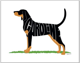 Custom Pet Portrait Black and Tan Coonhound 7" x 5" (or larger)  Personalized Dog Name, Coonhound Art, Dog Print, Coonhound Illustration