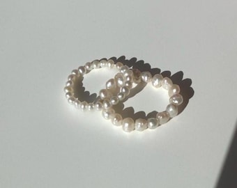 Cream Freshwater Pearl Ring – Satin Luster Beaded Stackable Jewelry
