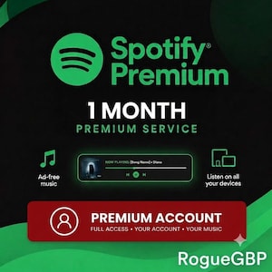 May include: A digital graphic for a 1-month Spotify Premium service. It features the Spotify logo, the text 1 MONTH PREMIUM SERVICE, a music player interface, icons for ad-free music and device syncing, and a red button labeled PREMIUM ACCOUNT.