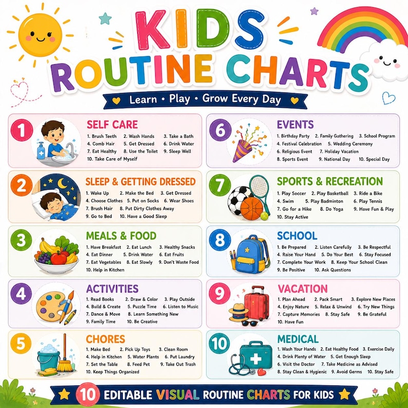 Editable Kids Chart & Cards | Daily Visual Schedule | Canva Chore Chart ...