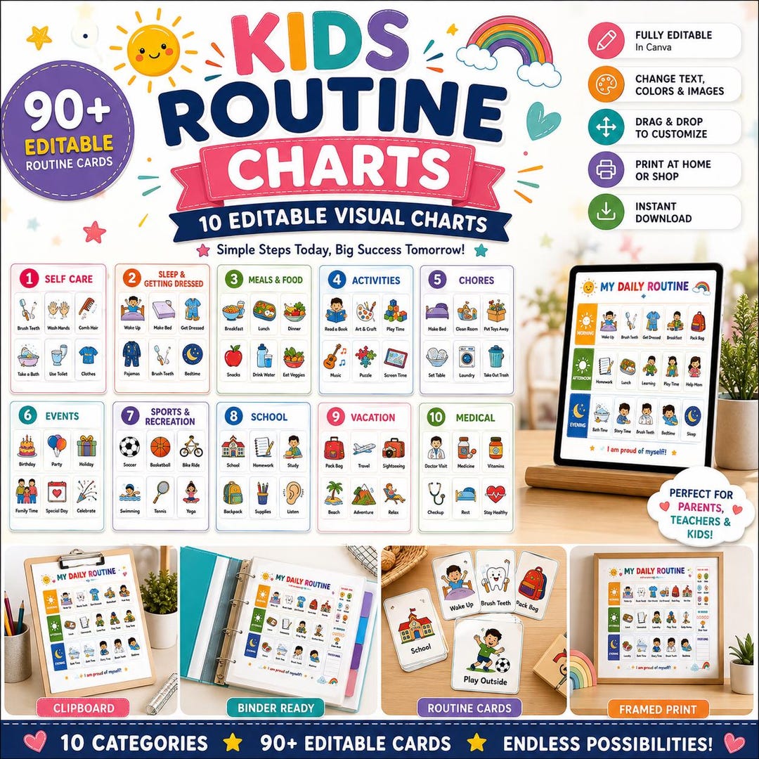 Editable Kids Chart & Cards | Daily Visual Schedule | Canva Chore Chart ...
