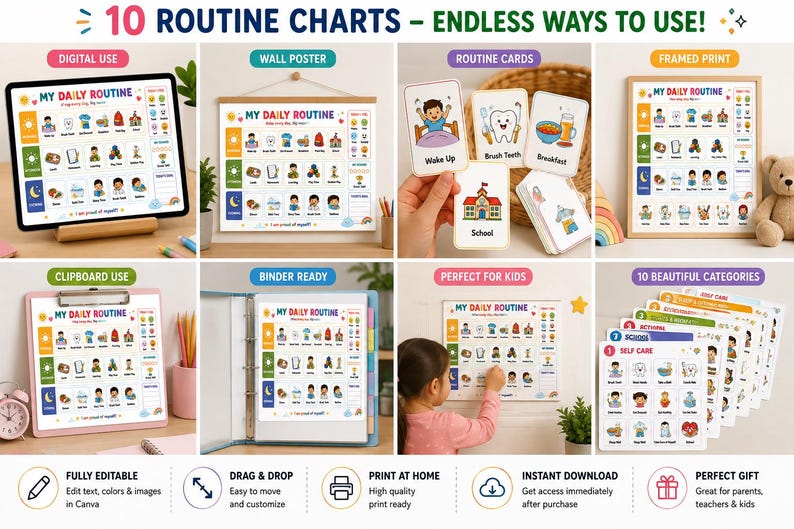 Editable Kids Chart & Cards | Daily Visual Schedule | Canva Chore Chart ...