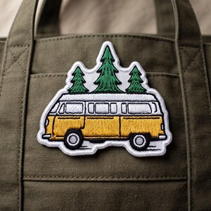 Retro Camper Van Embroidered Patch: Nature Pine Tree Iron On