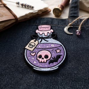 Goth Potion Bottle Embroidered Patch: Spooky Kawaii Bat Iron On