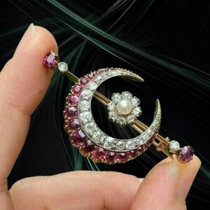 Pink Round Cut Ruby Diamond Crescent Moon Brooch 925 Sterling Silver Handcrafted Statement Wedding Jewelry, Party Wear Brooch Pin Handmade