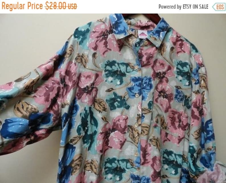 M L Vintage 90s shirt top SALE Floral Silk Blouse