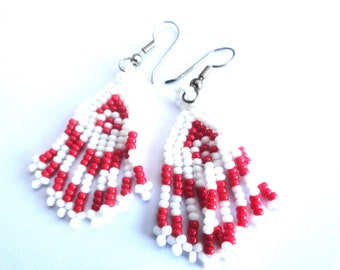 Red White Beaded Earrings Handmade Southwest