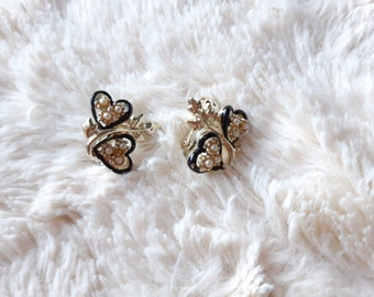 heart clip on earrings / golden pearl & silver / vintage costume