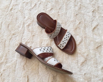 white &brown leather Italian studded sandals / 8