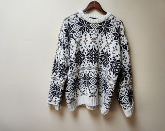 wool snowflake knit sweater / oversized / xl