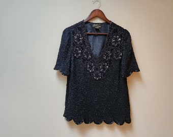 vintage sequin black festive blouse / S