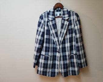 Blue plaid linen blend blazer jacket / dressbarn