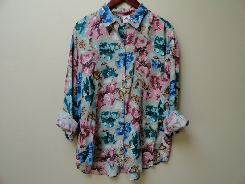 M L Vintage 90s shirt top SALE Floral Silk Blouse