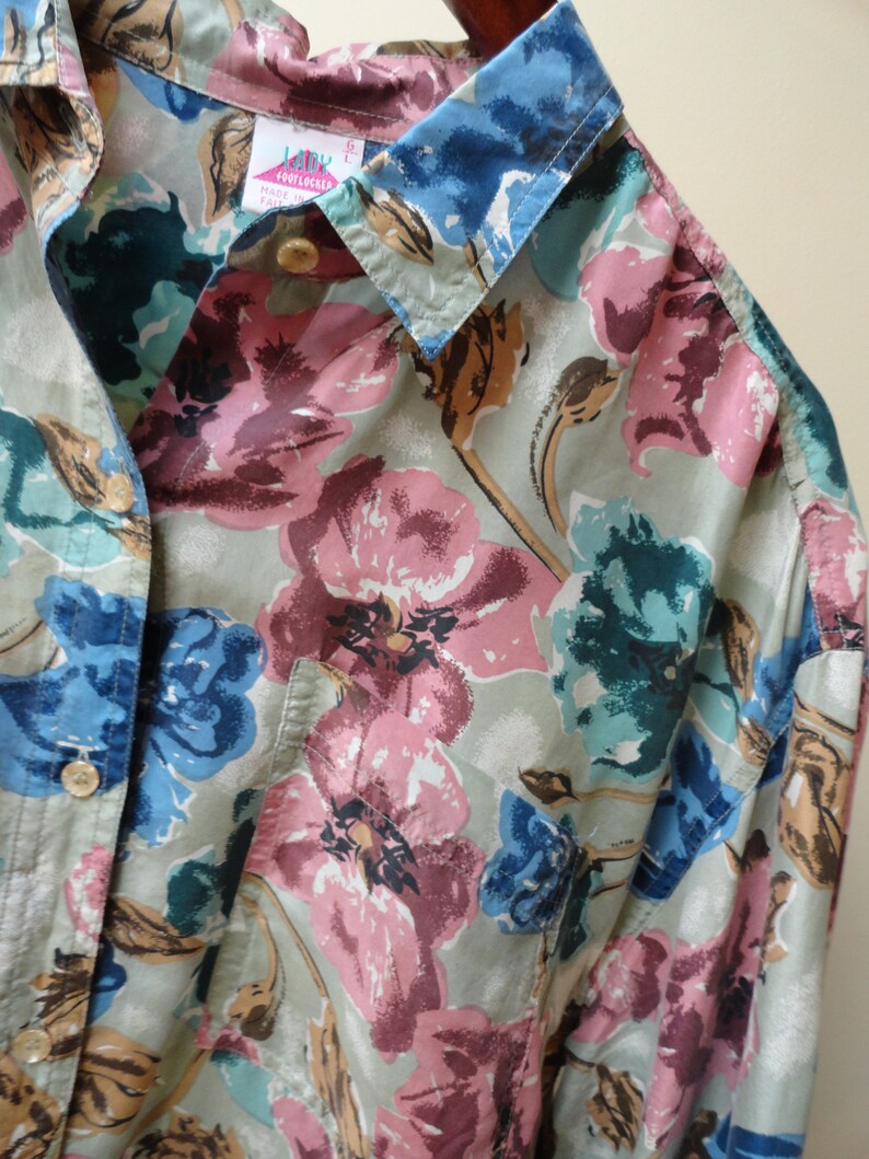 M L Vintage 90s shirt top SALE Floral Silk Blouse