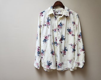 Vintage floral corduroy cotton blouse / cottagecore / xl