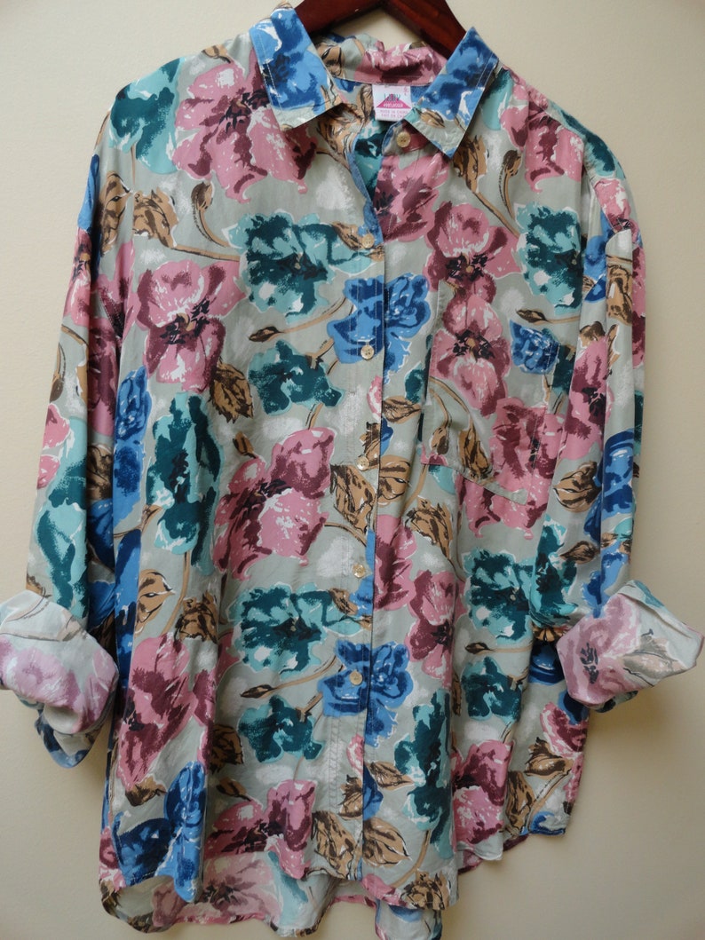 M L Vintage 90s shirt top SALE Floral Silk Blouse