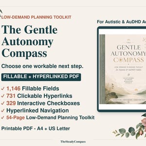 Pode incluir: Um kit de ferramentas de planejamento digital intitulado The Gentle Autonomy Compass para adultos autistas e AuDHD. O PDF preenchível e com hiperlinks inclui 1.146 campos, 731 links clicáveis, 329 caixas de seleção interativas e 54 páginas.