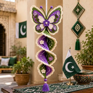 Peut inclure: Une décoration en crochet suspendue représentant un papillon violet et vert sur le dessus avec des bords festonnés blancs et des accents floraux. Sous le papillon, une queue en crochet en spirale violette et verte descend, finie par un pompon violet.