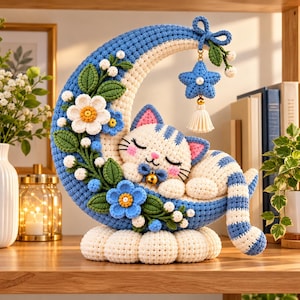 Puede incluir: Una escultura de ganchillo en forma de media luna con un gato a rayas blancas y azules durmiendo sobre una base de nube. La luna está decorada con flores azules y blancas, hojas verdes y un adorno de estrella colgante con borla y cascabel.