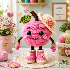 Puede incluir: Un personaje de manzana rosa hecho a ganchillo con un tallo marrón y una hoja verde, que lleva un sombrero de sol beige con una flor rosa, manoplas rosas y botas rosas con detalles de flores blancas. Tiene grandes ojos negros y una sonrisa.