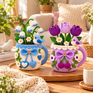 Könnte beinhalten: Zwei gehäkelte tassenförmige Übertöpfe mit Blumenarrangements. Die linke Tasse ist cremefarben und blau mit Maiglöckchen und einem blauen Vogel. Die rechte Tasse ist lavendelfarben mit lila Tulpen und einem lila Vogel. Beide haben Schleifen.