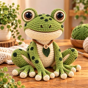 Op de afbeelding: Een gehaakt kikker-speeltje met een groen lichaam met donkergroene stippen, een crèmekleurige buik en grote zwarte ogen. De kikker draagt een bruin koord als ketting met een kleine ronde houten hanger met bladmotief en een groen blad-bedeltje.