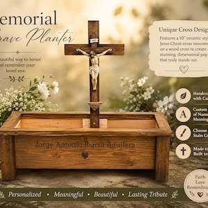 May include: A rectangular wooden grave planter with a dark brown stain, featuring a central wooden cross with a ceramic-style Jesus Christ figure. The front panel is engraved with the name Jorge Antonio Ibarra Aguilera and a small heart icon.