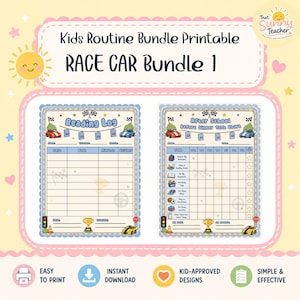 May include: A printable kids routine bundle featuring a race car theme. The set includes a reading log and an after school before dinner task chart, both decorated with race cars, checkered flags, trophies, and traffic lights on a light background.