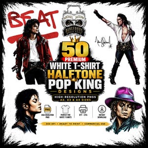 Op de afbeelding: Een digitale collectie van 50 premium halftone pop king ontwerpen met Michael Jackson in diverse iconische poses en outfits, waaronder een rood jasje, wit overhemd en paarse hoed, met teksten zoals Beat It en Dangerous World Tour.