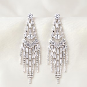 Silver Chandelier Earrings, Baguette CZ Crystal Fringe Drop, Art Deco Long Bridal Jewelry, Statement Prom Artificial Gift