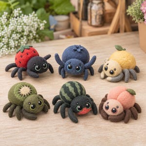 Needle Felt Fruit Spider Collection, Cute Handmade Wool Insect Figurines, Tiny Garden Creatures, Nature Gift for Spider Lovers